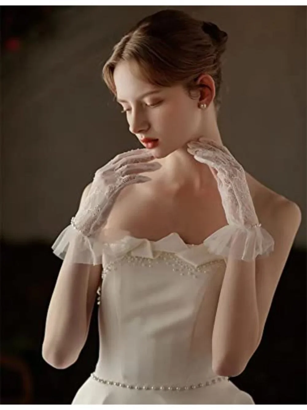 Lace Mesh Short Gloves with Pearls for Wedding Opera Tea Party